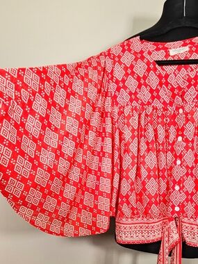 Talisman Modal Batwing Blouse Waist Tie Button Front Lightweight Breezy S/M